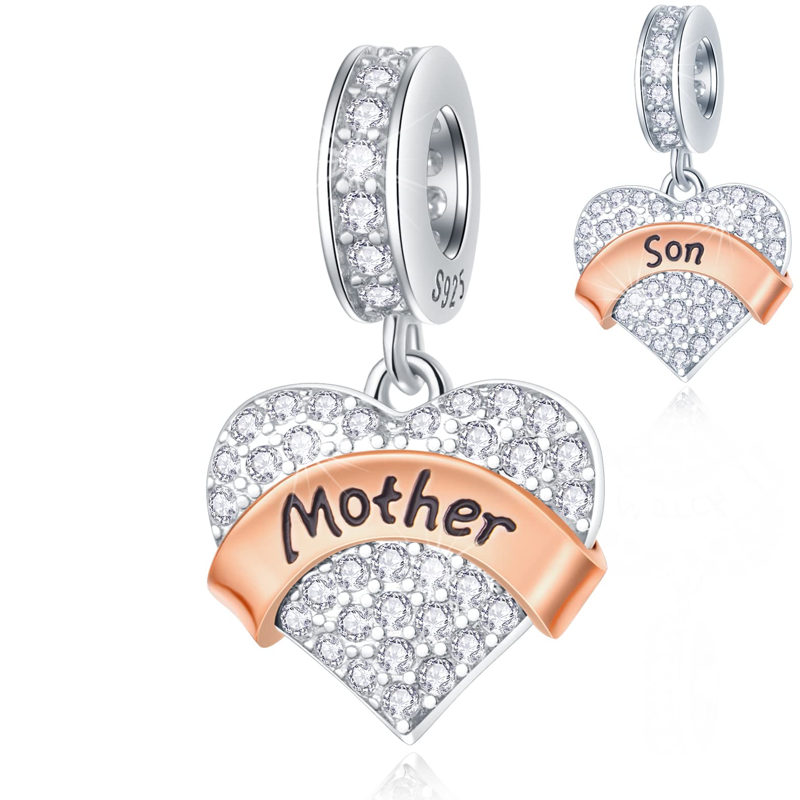 Mother and Son Heart Pendant Charms, fits Pandora Mothers Day Bracelet/Necklace, 925 Sterling Silver Mom Love Baby Boy Dangle CZ Beads, Gift for Grandson/Godson/Son in Law/Stepson