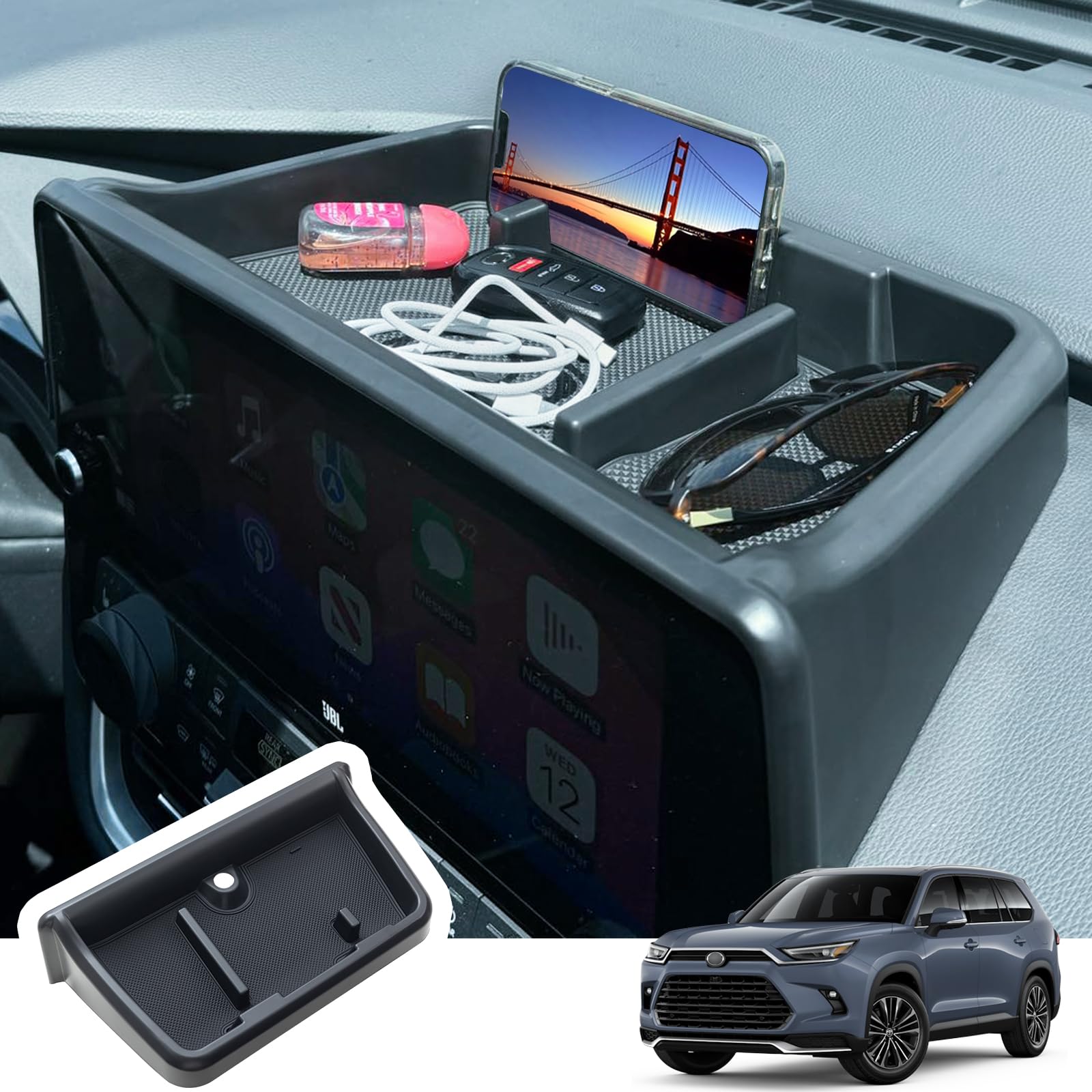 Photo 1 of TOPINSTALL 2024 2025 New Dash Organizer Compatible with Toyota Grand Highlander Accessories, Center Console Screen Dashboard Tray with Anti-Slip Rubber Mat Phone Holder