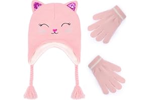 BAOPLAYKIDS Girls Winter Cat Ear Beanie Hat and Gloves Set Kids Knitted Earflap Cap Mitten Set for Ages 3-7