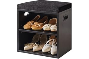 YMYNY Shoe Storage Bench with Cushion, 2 Tier Shoe Rack with Padded Seat, Adjustable Shoe Organizer Cabinet for Entryway, Living Room, Hallway, Closet, Bedroom, 15.4L*11W*16.54H, Black, UHBD028B