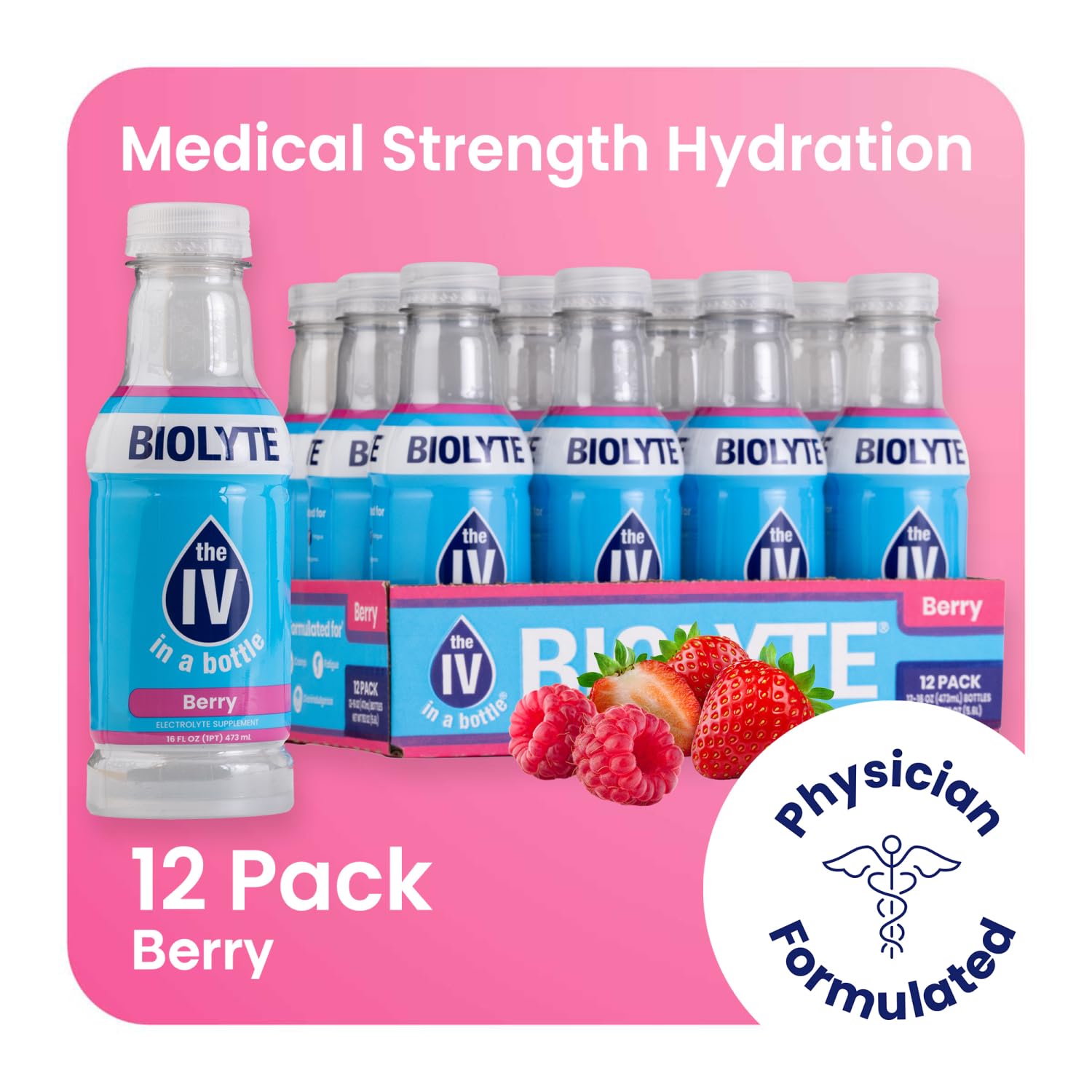 BIOLYTE Electrolyte Drink - Doctor-Formulated Hydration Drink, Electrolytes Water, Chemotherapy Must Haves for Women & Men, Rehydration IV Liquid in a Bottle- Mixed Berry, 16 Fl Oz (12 Pack)