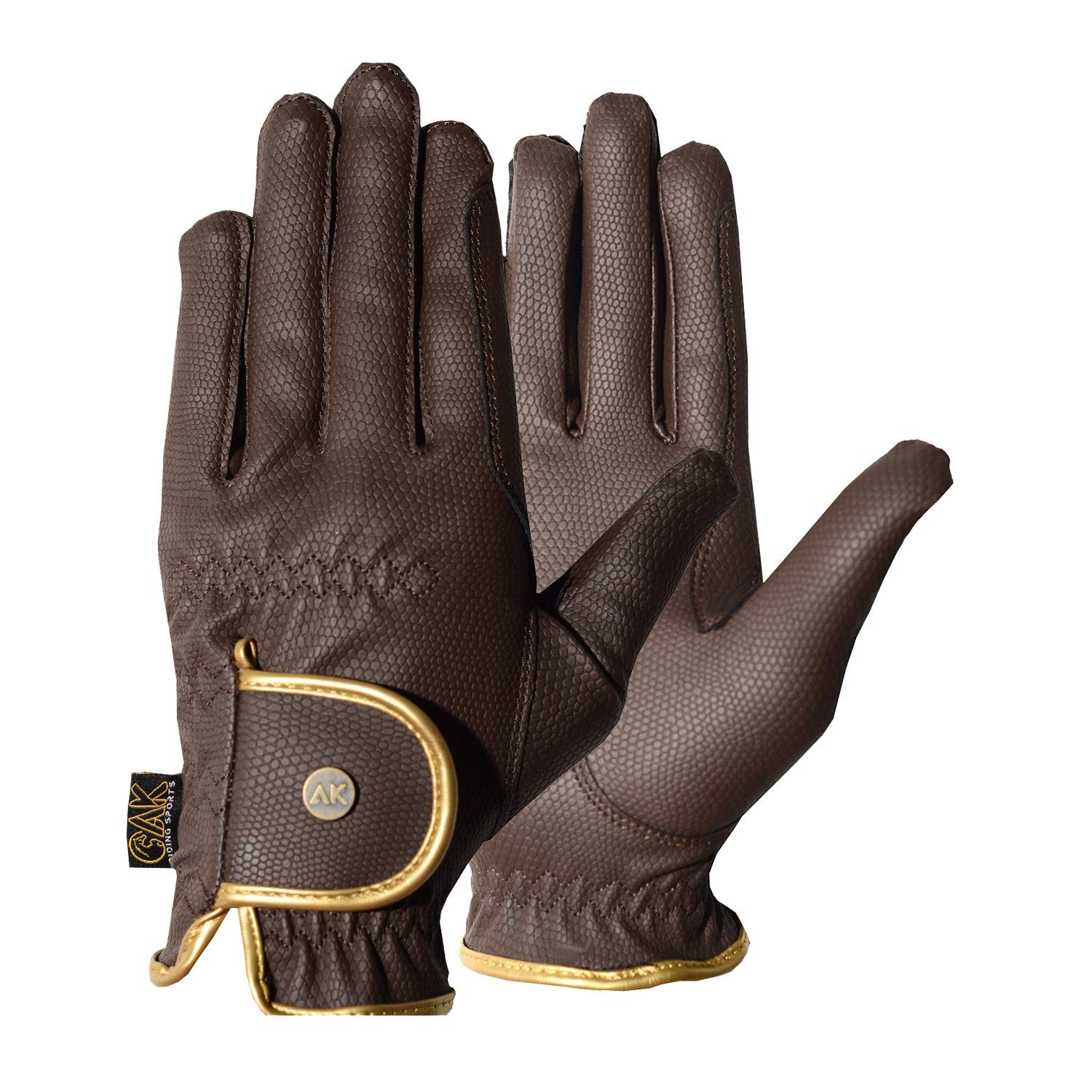 AK Synthetic Grip Horse Riding Gloves All Season Unisex Equestrian Gloves (Brown/Gold, M)