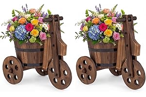 Giantex Wooden Wagon Planter with Wheels, Rustic Wood Plant Stand with 3 Wheels & Drainage Hole for Flowers Herbs Vegetables,