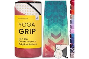 BODY BY YOGA Yoga Grip Yoga Towel - Non Slip Hot Yoga Mat Towel With Corner Pockets, No-Skid Grip, and Built-in Alignment Lines | Soft, Moisture Wicking, and Sweat Absorbent | No Bunching, Stays in Place 72" x 25"