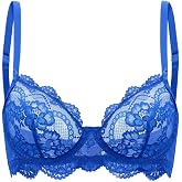 Vicarly Sexy Lace Balconette Bra Women Unlined Demi Bralette | Scallop Sheer No Padding Push Up Underwire Lingerie Plus Curvy See Through Lacy Cup Halloween Christmas Valentine's Boudoir