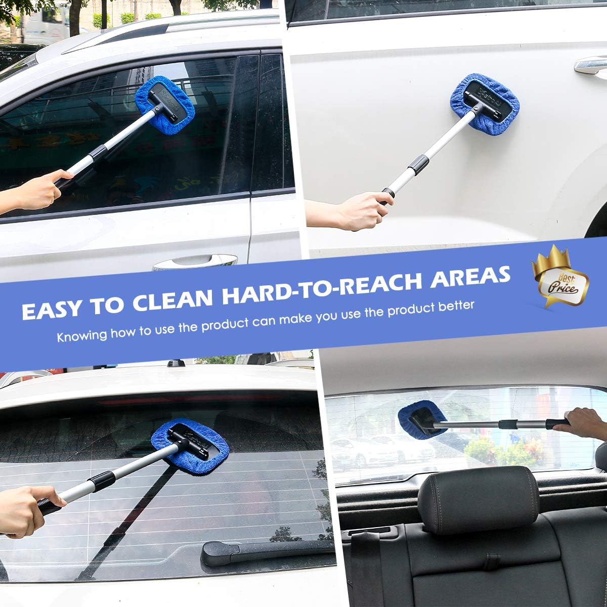 AstroAI Car Window Cleaner, 4 Microfiber Pads, Windshield Cleaning Tool with Telescopic Handle Auto Inside Glass Wiper Kit, Blue: Automotive