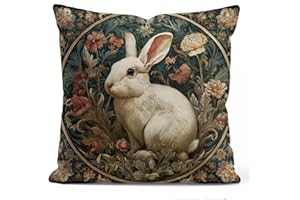 YOU FOUND ME William Morris Inspired Rabbit Pillow Cover 18x18 Inches - Vintage Floral Art Throw Pillowcase - Farmhouse Decor for Couch, Sofa, Bed - Living Room Home Decor Gift (White-Rabbit)