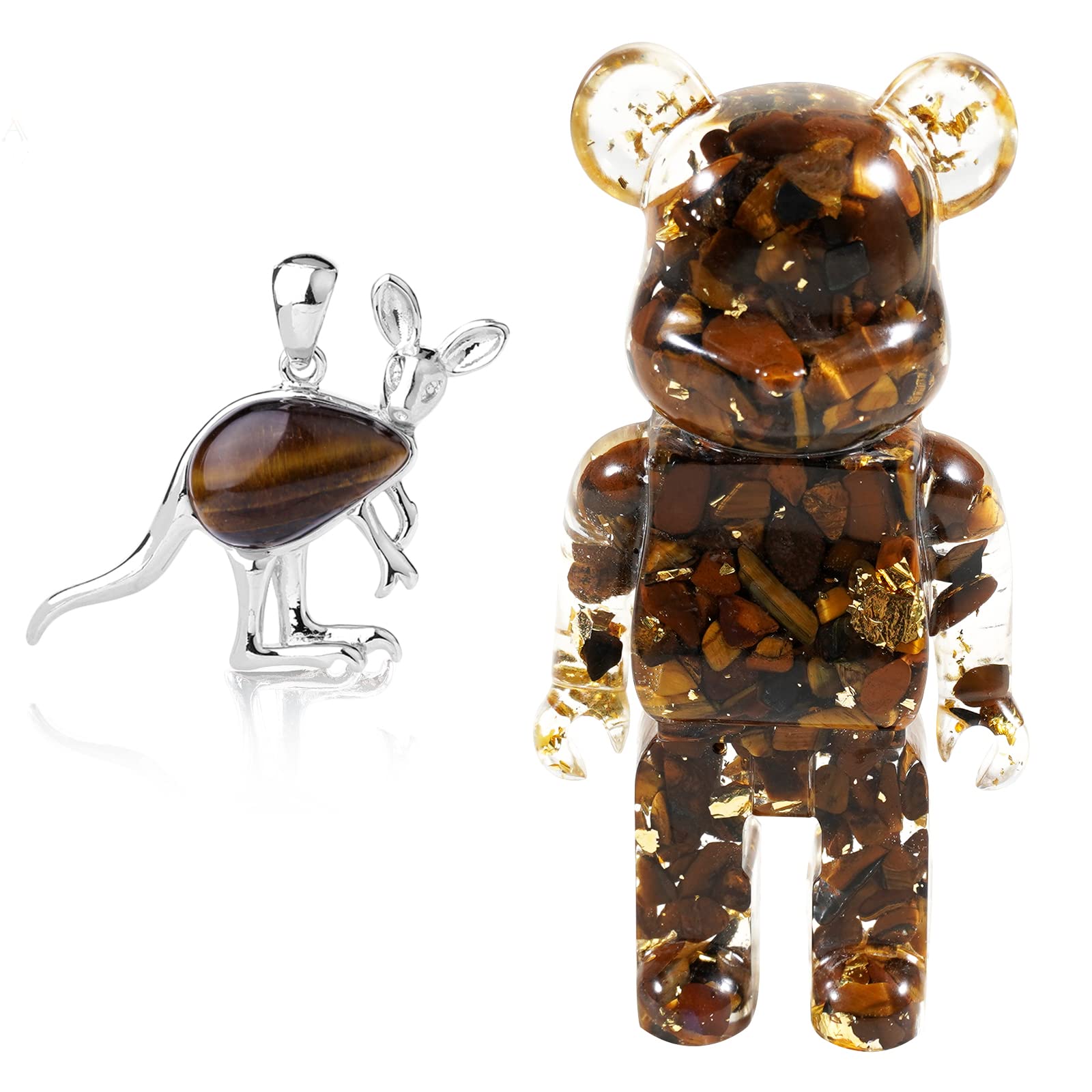 soulnioi Healing Crystal Natural Tiger Eye Crystal Crushed Stone Bearbrick Tabletop Handmade Ornament and Tiger Eye Crystal Mini Kangaroo Pendant for Reiki Luck Decoration Gift