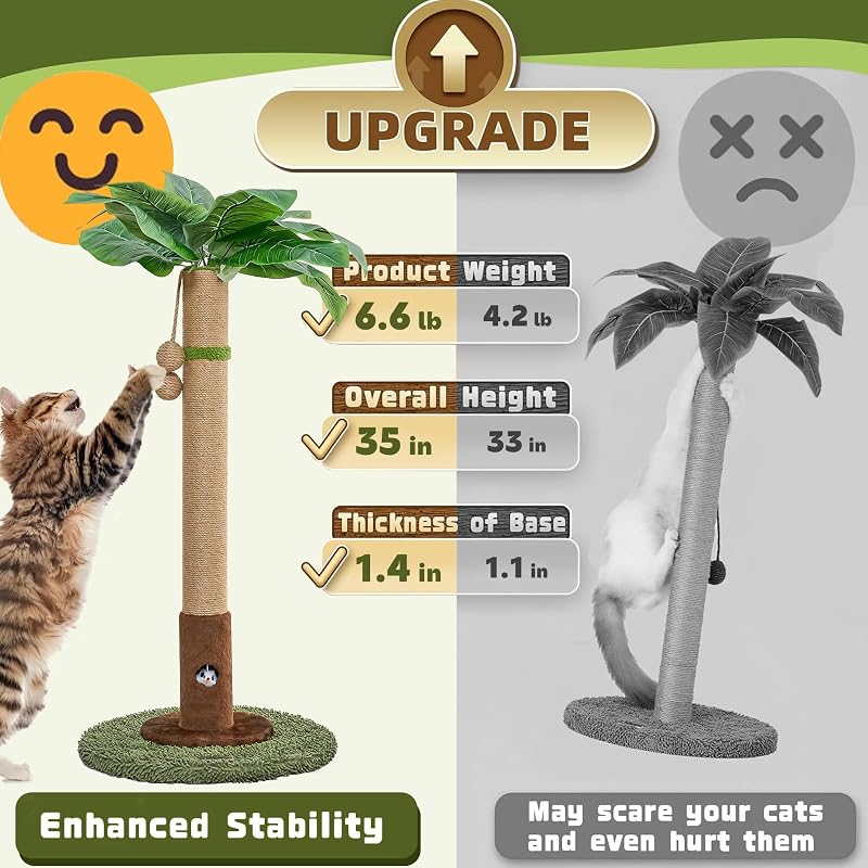 Tiragraffi per gatti alto 89 cm, con foro per topi e corda in sisal, per adulti, gatti e gattini, con giocattolo per gatti e palla da appendere, per gatti da interni (verde)