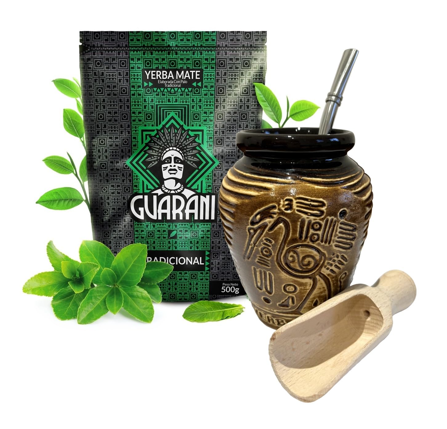 Guarani Yerba Mate Tea Set | Natural Strong Energy Drink | Mate Tea Complete Set | Begginer's Kit | Yerba Mate GUARANI TRADICIONAL ELABORADA 500g|Ceramic Bird Cup Gourd 300ml|Stainless Bombilla