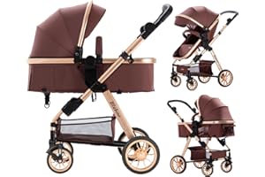 Blahoo Baby Stroller for Toddler,Bassinet Stroller,Foldable Aluminum Alloy Pushchair with Adjustable Backrest,Adjustable Direction Coffee