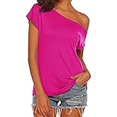 Halife Women's Casual Off The Shoulder Tops Short Sleeve T Shirts Loose Summer Blouse Shirt