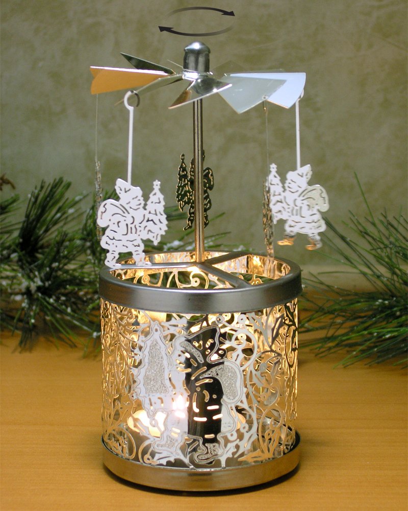 BANBERRY DESIGNS Frosted Silver Spinning Candle Holder Santa Charms