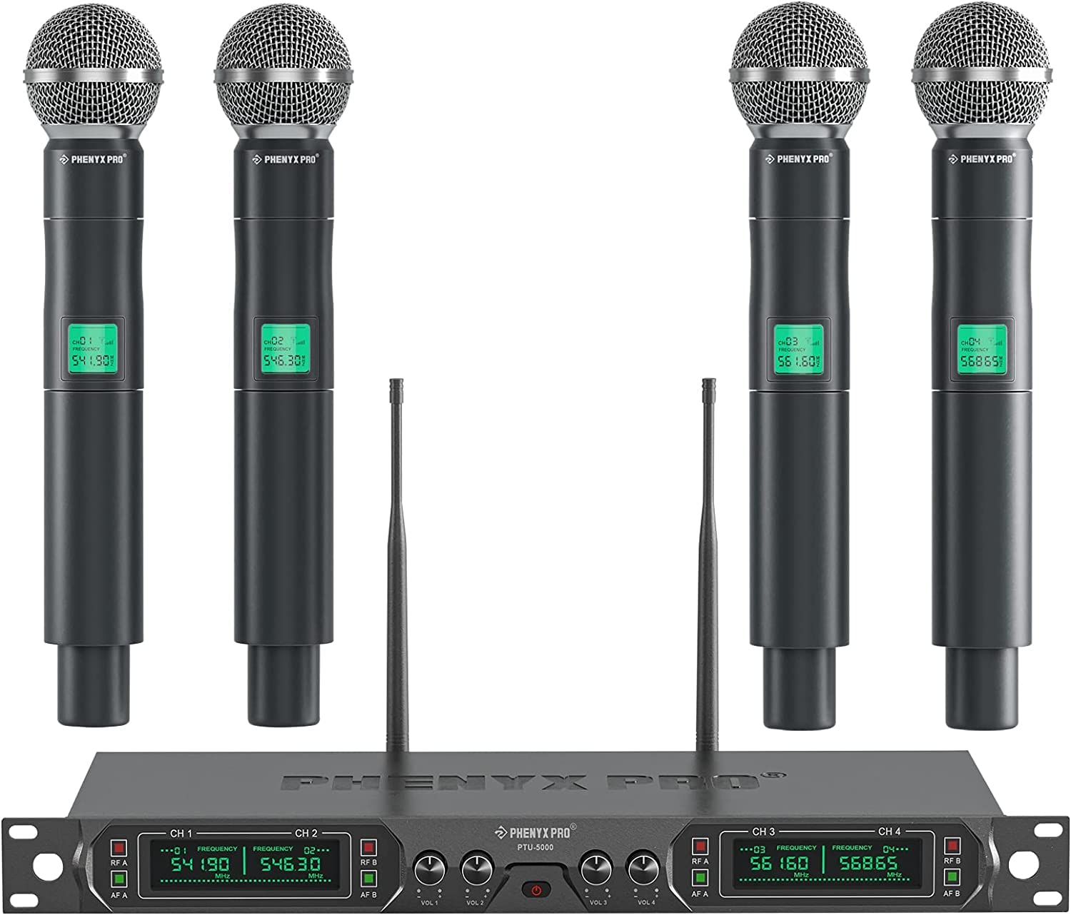 Phenyx Pro Wireless Microphone System, 4-Channel UHF Wireless Mic, Fixed Frequency Metal Cordless Mic with 4 Handheld Dynamic Microphones, 260ft Range, Mics for Singing, Church(PTU-5000-4H)