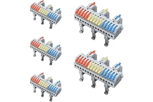 Teansic 5 Pcs DIN Rail Ground Circuit Terminal Blocks for Circuit Inline Splices,28-12AWG Quick Wiring Cable Lever Connector with Guide Rail Clamp(3 in 15 Out)