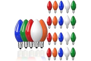 Pallerina 25 Pack C7 Christmas Replacement Bulbs Vintage Multicolor Christmas Bulbs, Colored Night Light Bulb, Ceramic Light Bulbs 5 Watt E12 Candelabra Base Vintage Bulb Xmas Tree Decorative