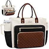 LOVEVOOK Teacher Tote Bag for Women Work, Laptop Bag With Large Cup Holder, Nurse Bags Professional Briefcase Business Computer Purses Bible Handbag Gifts, Black-Beige-Brown, 15.6 Inch