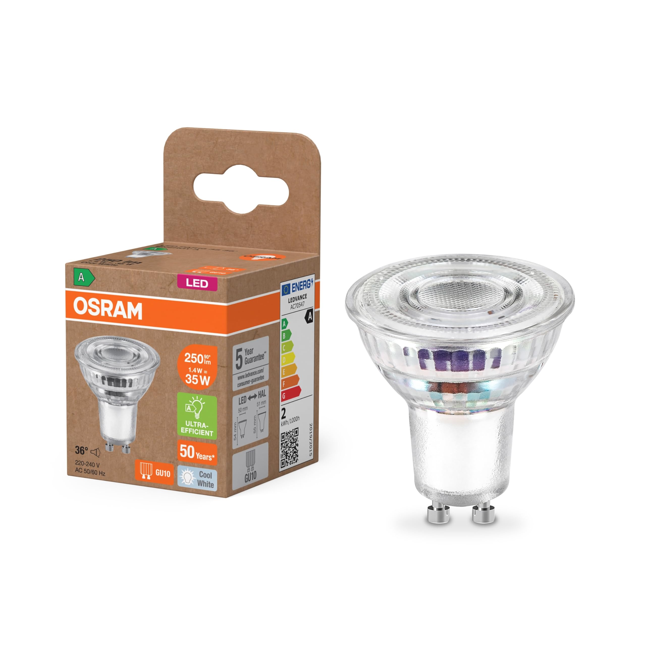 Osram Energy Class PAR16 LED Reflector Lamp 1.3 W, 240 Lumens, Cool White (4000 K) Made of Lead-Free Glass with GU10 Base in Energy Class A, 50 mm Diameter, IP20