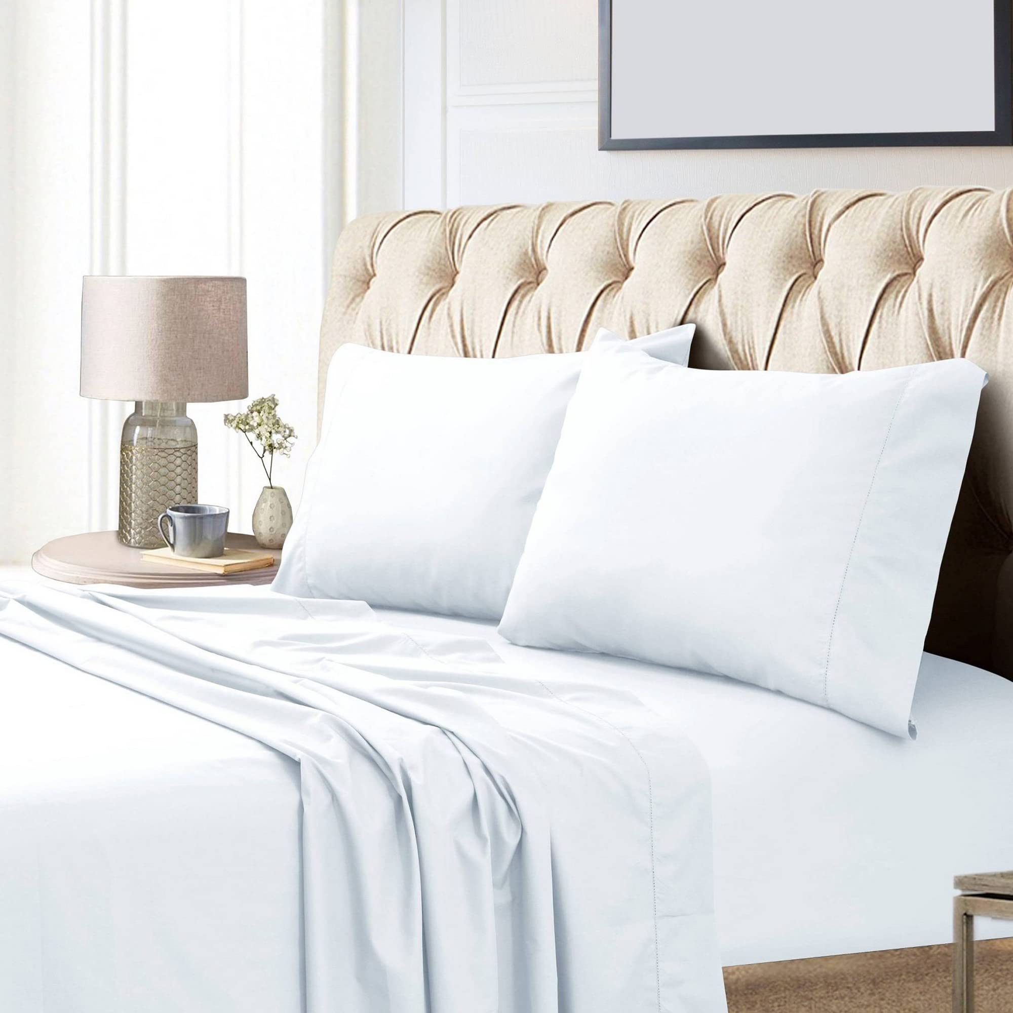 Tribeca Living Egyptian Cotton Sateen 800 Thread Count Hemstitched Deep Pocket Sheet Set, California King, White