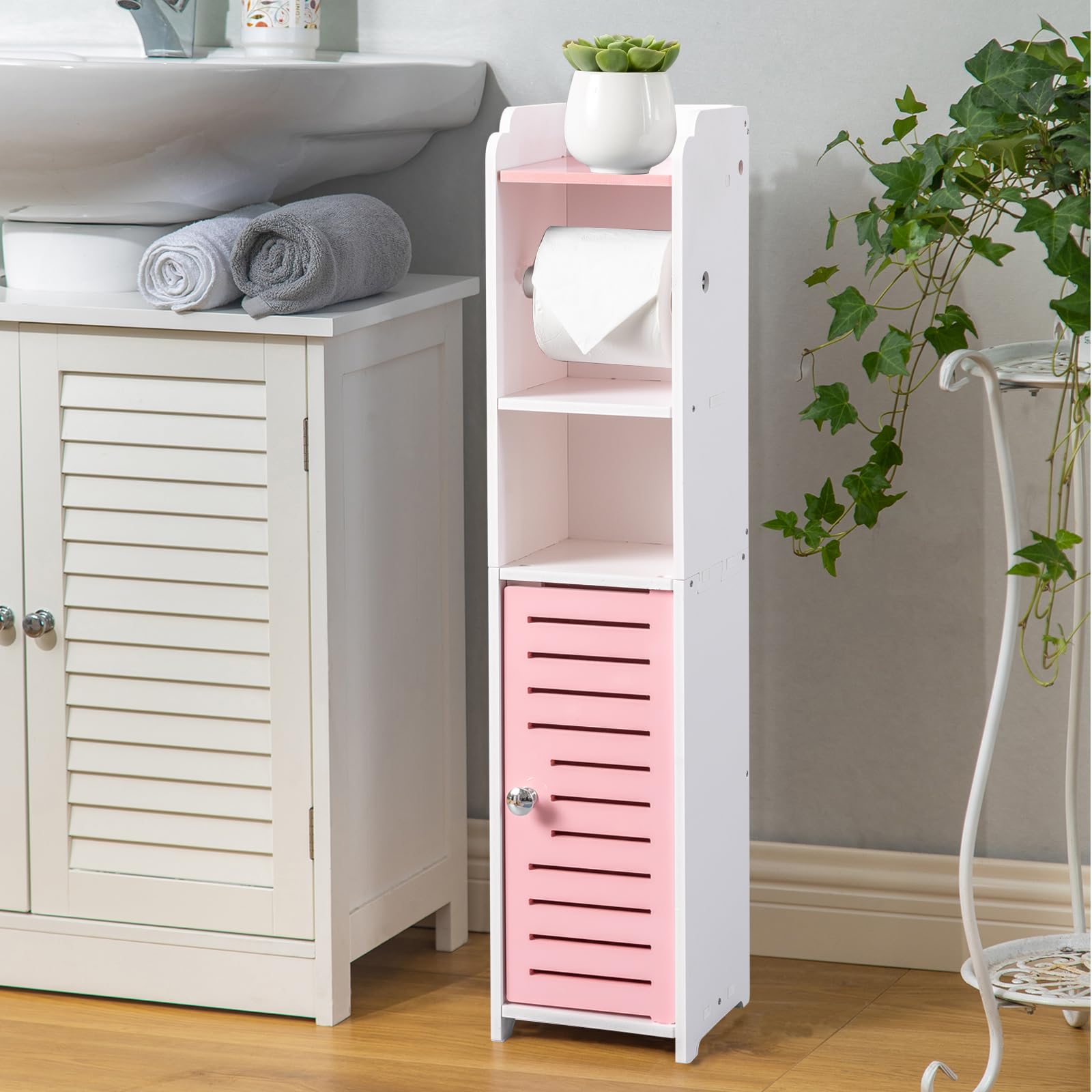 Photo 1 of AOJEZOR Toilet Paper Holder Stand: Small Bathroom Storage Cabinet - Jelly Pink - White