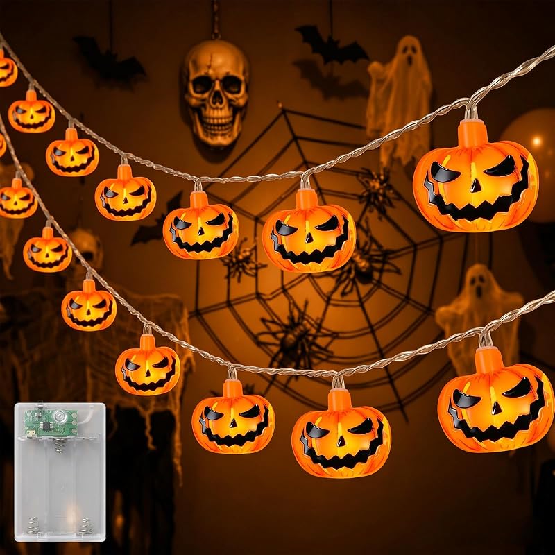 Halloween Lichterkette, 3M 20LED Kürbis Lichterkette Batterie Außen mit 6h Timer, IP65 Wasserdicht Jack-O-Lantern für Halloween Deko, Zombie Themen Partys