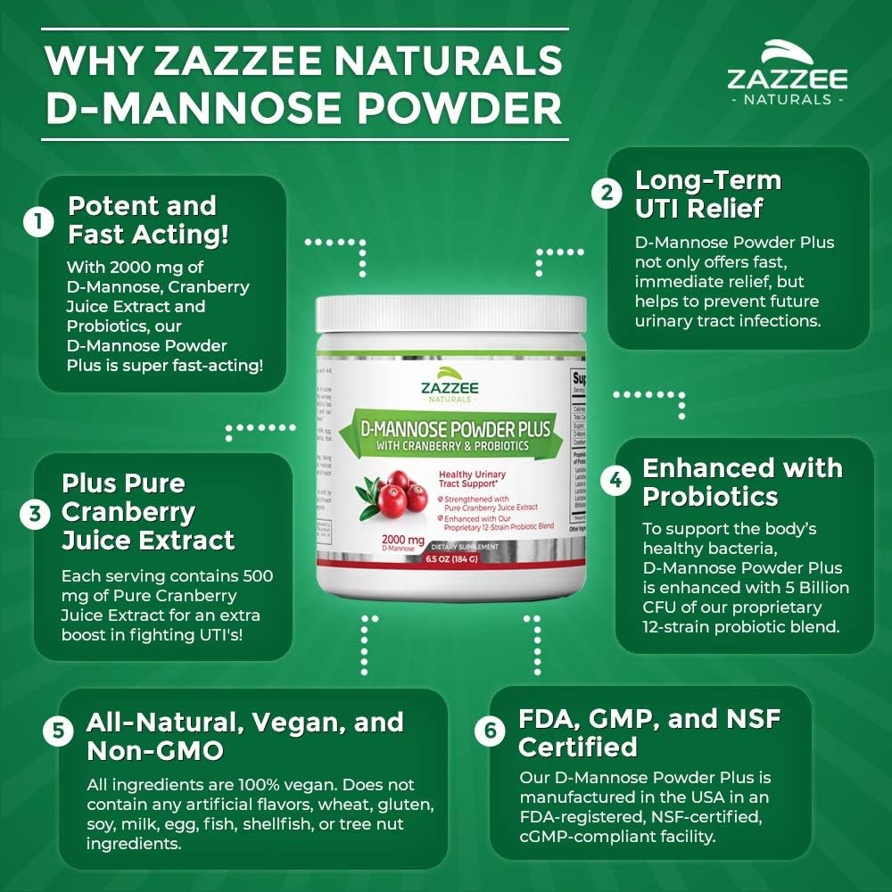 Zazzee D-Mannose Powder Plus, 67 Servings, 6.5 Ounces, Plus 5 Billion CFU Probiotics, Enhanced with Pure Cranberry Juice, Includes Free Scoop, Fast-Acting, Vegan, Non-GMO and All-Natural: Health & Personal Care