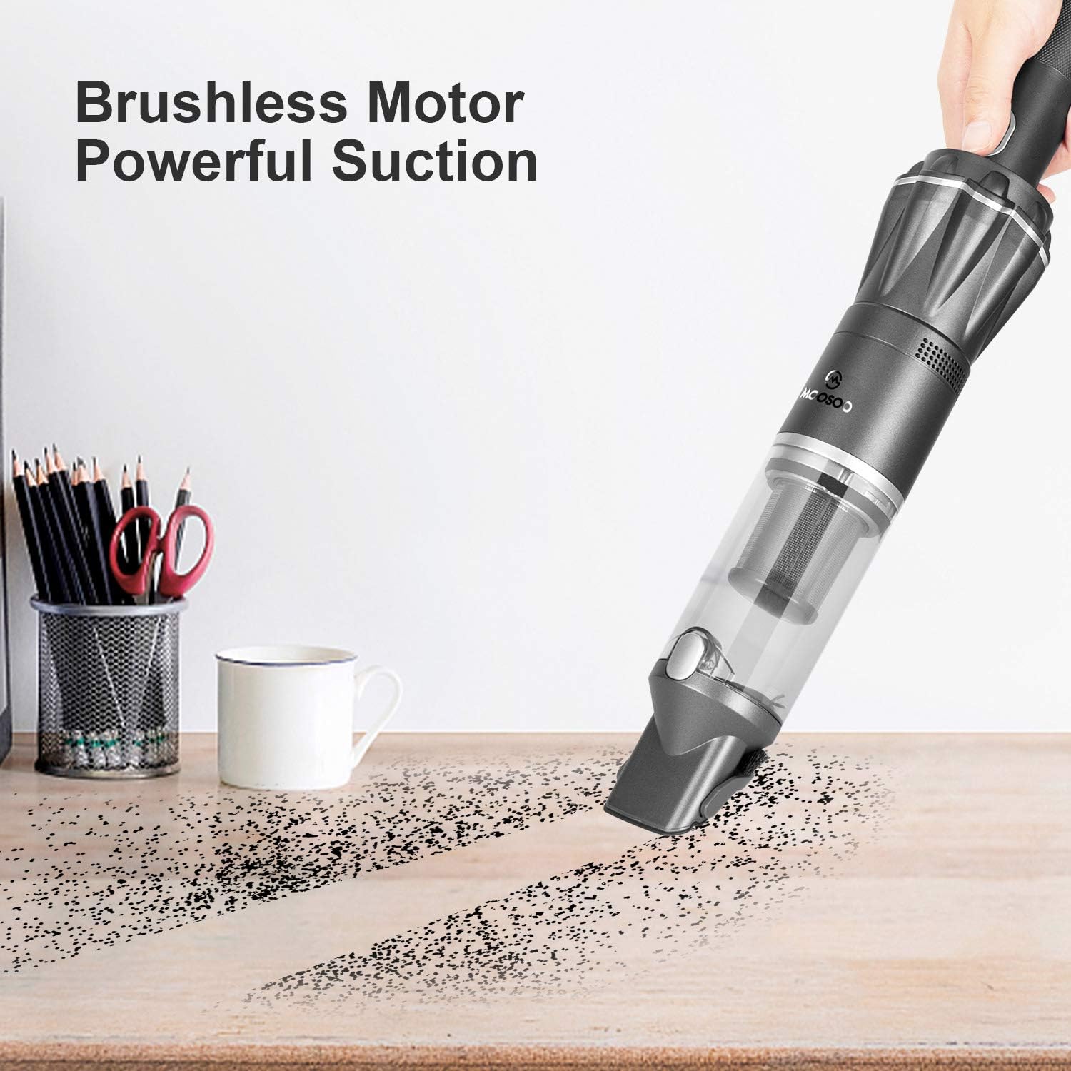 MOOSOO Handheld Vacuum 12KPa Cordless 1.1LB Ultra Lightweight 21 Minutes Mini Hand Vacuum Cleaner with Car Charger/Charging Dock Black, Single Touch Empty and Detachable Dust Cup -