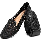 HEAWISH Women's Floral Ballet Flats for Women Black Beige Slip On Flowers PU Leather Round Toe Dress Shoes