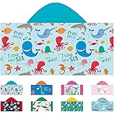 Hooded Beach Towel, Microfiber Hooded Beach Towel For Kids Toddler Infant Boy Girl, Beach Towel with Hood For Bath Pool Swim Summer Beach Essentials Cartoon Shower Gifts (24x50 Inch, Marine Wave)