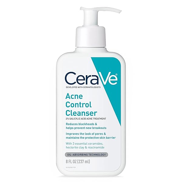 CERAVE ACNE TREATMENT FACE WASH, SALICYLIC ACID CLEANSER WITH PURIFYING CLAY, NIACINAMIDE, AND CERAMIDES, PORE CONTROL AND BLACKHEAD REMOVER, 8 OUNCE