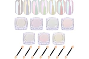FLANOID 7 Colors White Pearl Chrome Nail Powder Kit,Aurora Metallic Nail Powder Holographic Mirror Gradient Effect Chrome Powder,Iridescent Pearlescent Shell Powder Glitter Nail Pigment Powder for Nails Art