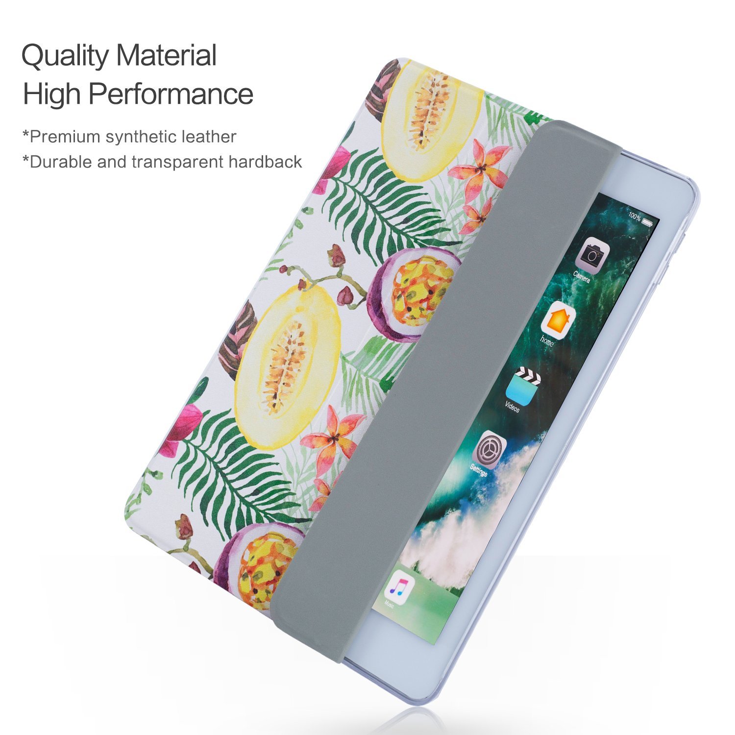 New iPad 9.7 Case 2018/2017, Dopup Premium Leather Case with Translucent Hard Back, Multiple Viewing Angles Stand, Tri-fold Cover Case for Apple ipad 9.7 2018/2017 (Tropical Fruit)