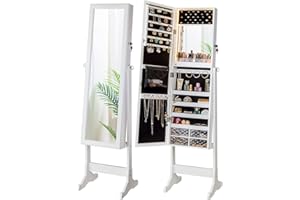 LUXFURNI LED Light Standing Jewelry Cabinet Armoire, Full Length Mirror with Storage, Lockable Large Storage Jewelry Organizer Mirror w/Drawers (White)