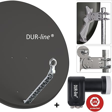 DUR-line 4 Teilnehmer Set - Qualitäts-Alu-Satelliten-Komplettanlage - Select 85/90cm Spiegel/Schüssel Anthrazit + Quad LNB - 