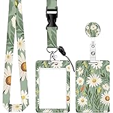 WKVPL ID Badge Holder with Lanyard, Retractable Badge Holders Reels with Lanyards Adjustable, for Women Kids Teacher Nurses Doctor Student(Cute Green Flower)