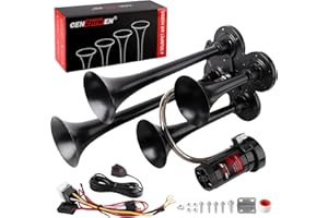 Cenzhiwen Train Horn Kit - 4 Trumpet Metal Air Horns replacement Dill horn 12V 150dB Ultra Loud with Compressor for pickup/motorhome/SUV/truck/train and other vehicles(4 speakers with button)