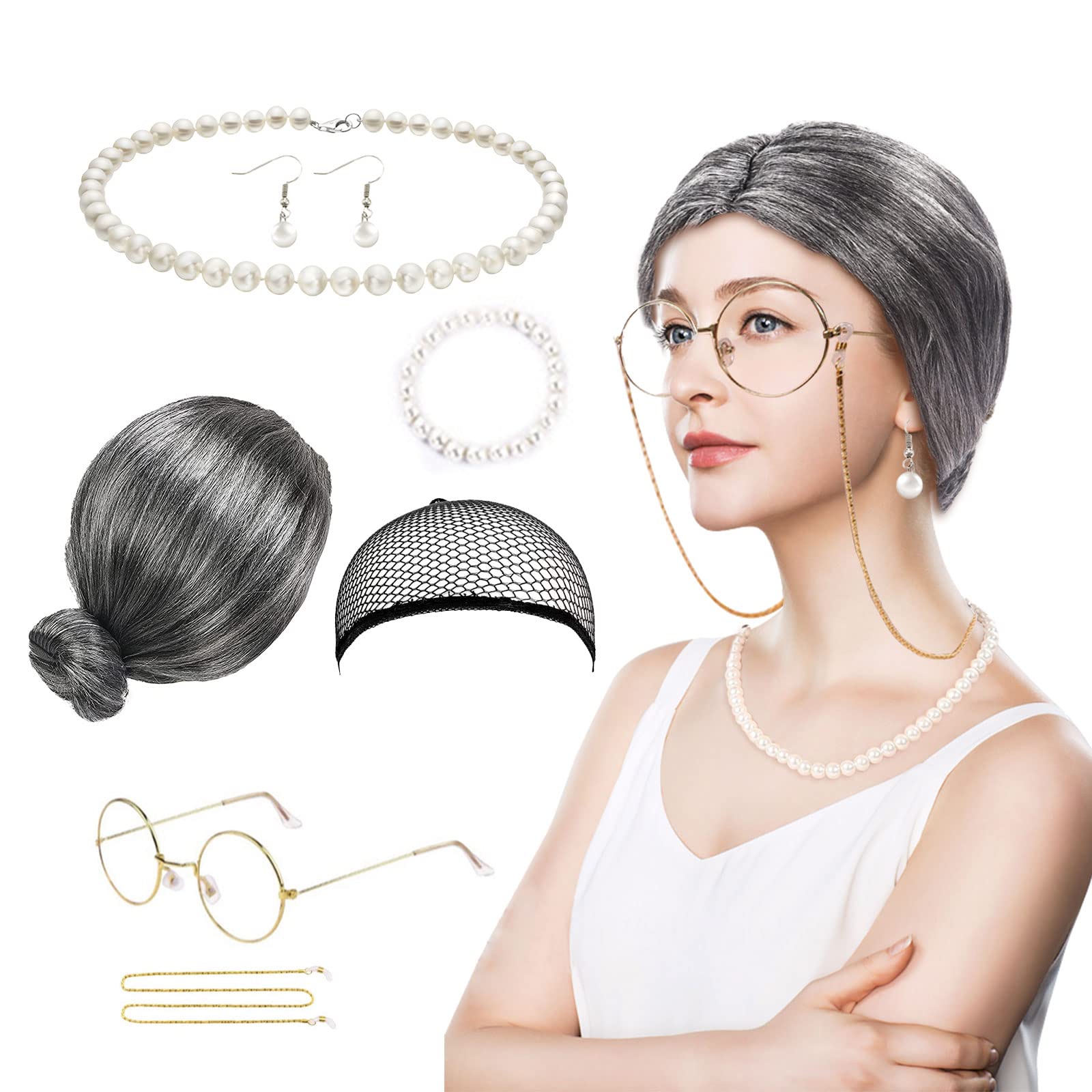 TSHAOUN 7 Pcs Old Lady Costume Set Old Lady Cosplay with Grey Granny Wig Granny Glasses Bracelet Necklace Earrings for Halloween Carnival Masquerade Stage Performance Fancy Dress Accessories (Grey)