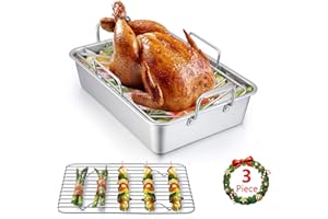 E-far 14 x 10.6 Inch Roasting Pan, Stainless Steel Turkey Roaster with V Rack & Baking Rack Set, Small Heavy Duty Deep Broiling Pan for Oven Cooking Lasagna Meat Chicken - Dishwasher Safe