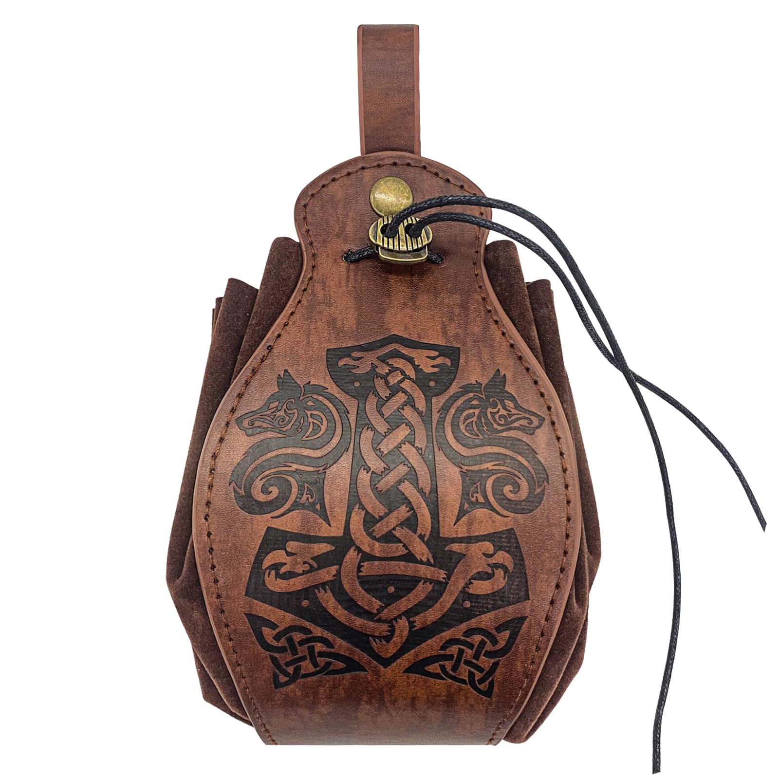 Medieval Faux Leather Viking Pouch Drawstring Vintage Pouch Nordic Compass Pattern Wallet Portable Dice Coin Purse Retro Belt Pouch Fashion LARP Pouch Waist Bag for Women Men Brown