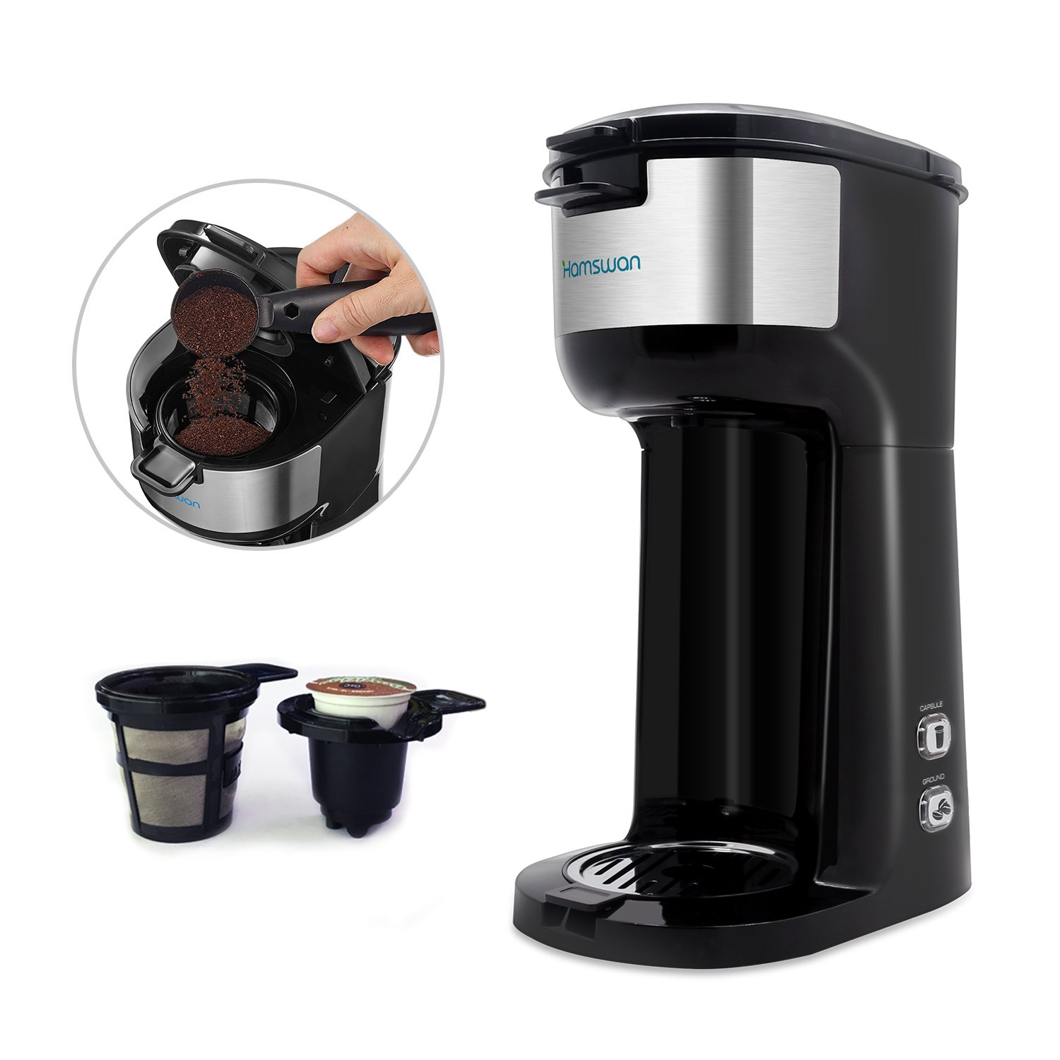HAMSWAN CM1177B Coffee Maker Ground Coffee and Coffee Capsules 2 in 1