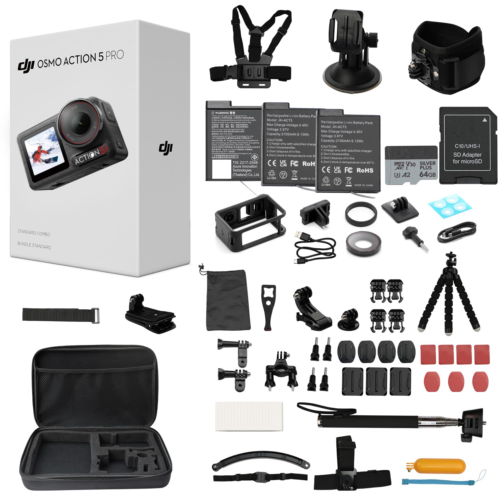 DJI Osmo Action 5 Pro Standard Combo,with 58 Piece Accessory Kit and 2 Extra Batteries + 64GB Card - Waterproof Action Camera with 1/1.3