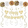 KOKAR Happy Anniversary Decorations Gold Happy Anniversary Banner, Paper Pom Poms, Hanging Swirls and Glitter Circle Dots Garland for Wedding Decorations