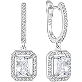 Wisbal Women's Solitaire Dangle Drop Earrings 925 Sterling Silver Pure Square Huggie Earrings Hoop Dangle Drop Earrings Jewelry Gift