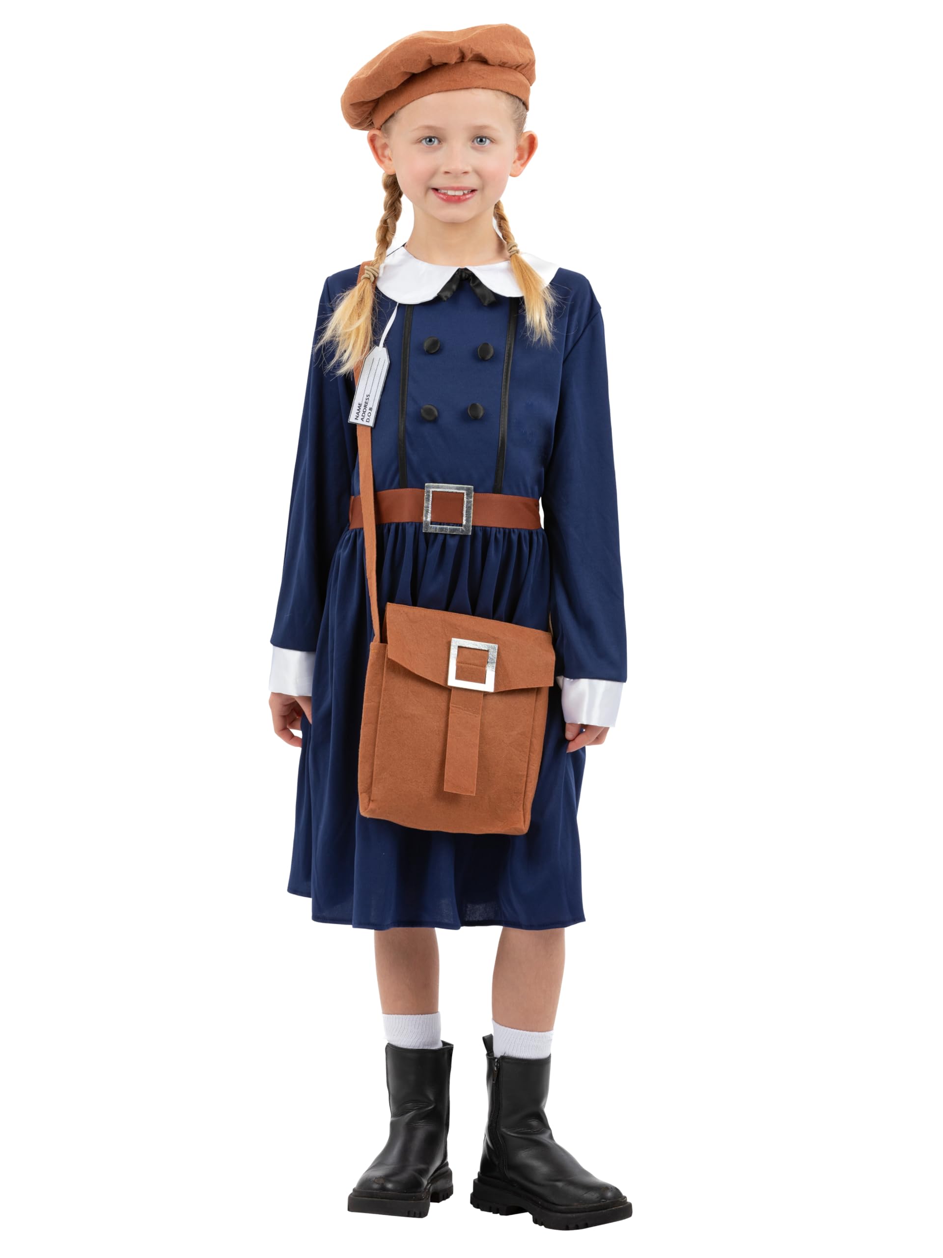 Smiffys Girls’ 1940s Evacuee Costume – World War II Fancy Dress for Kids – Historical Wartime School Outfit for World Book Day & School Plays – Includes Dress, Hat, Name Tag & Bag – Age 12+