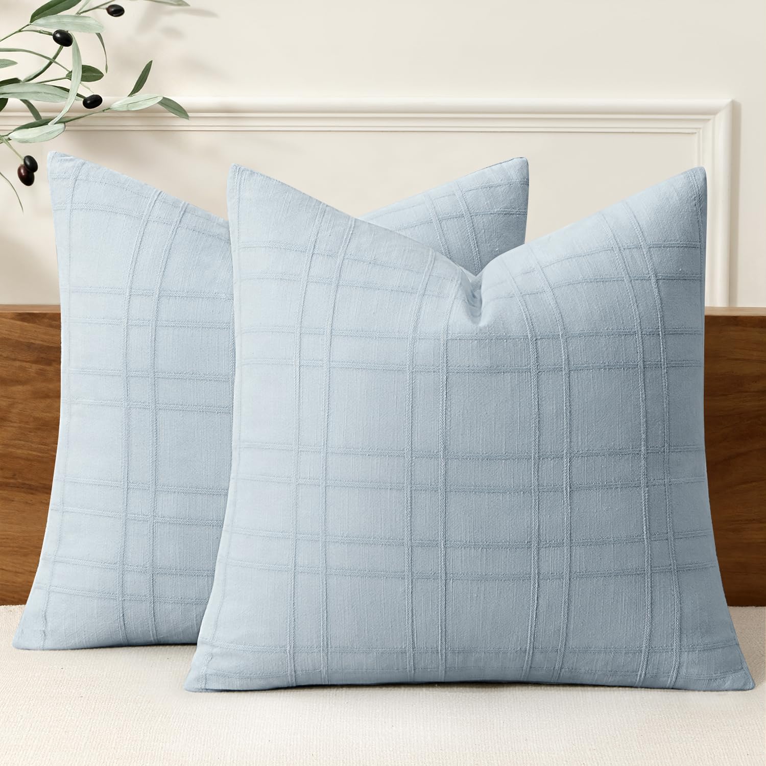 MIULEE Decorative Linen Check Throw Pillow Covers Neutral Farmhouse Vintage Pillow Covers 16x16 Set of 2 Boho Modern Home Decor for Sofa Couch Bedroom Cushion Coastal Blue