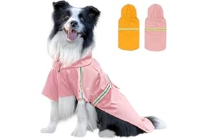 ExploreU Dog Raincoat, Waterproof Windproof Dog Rain Jacket Adjustable, Rain Coat with Leash Hole, Reflective Strap Raincoat Poncho for Small Medium Large Dogs Outdoor (Reflection-Pink, Medium)