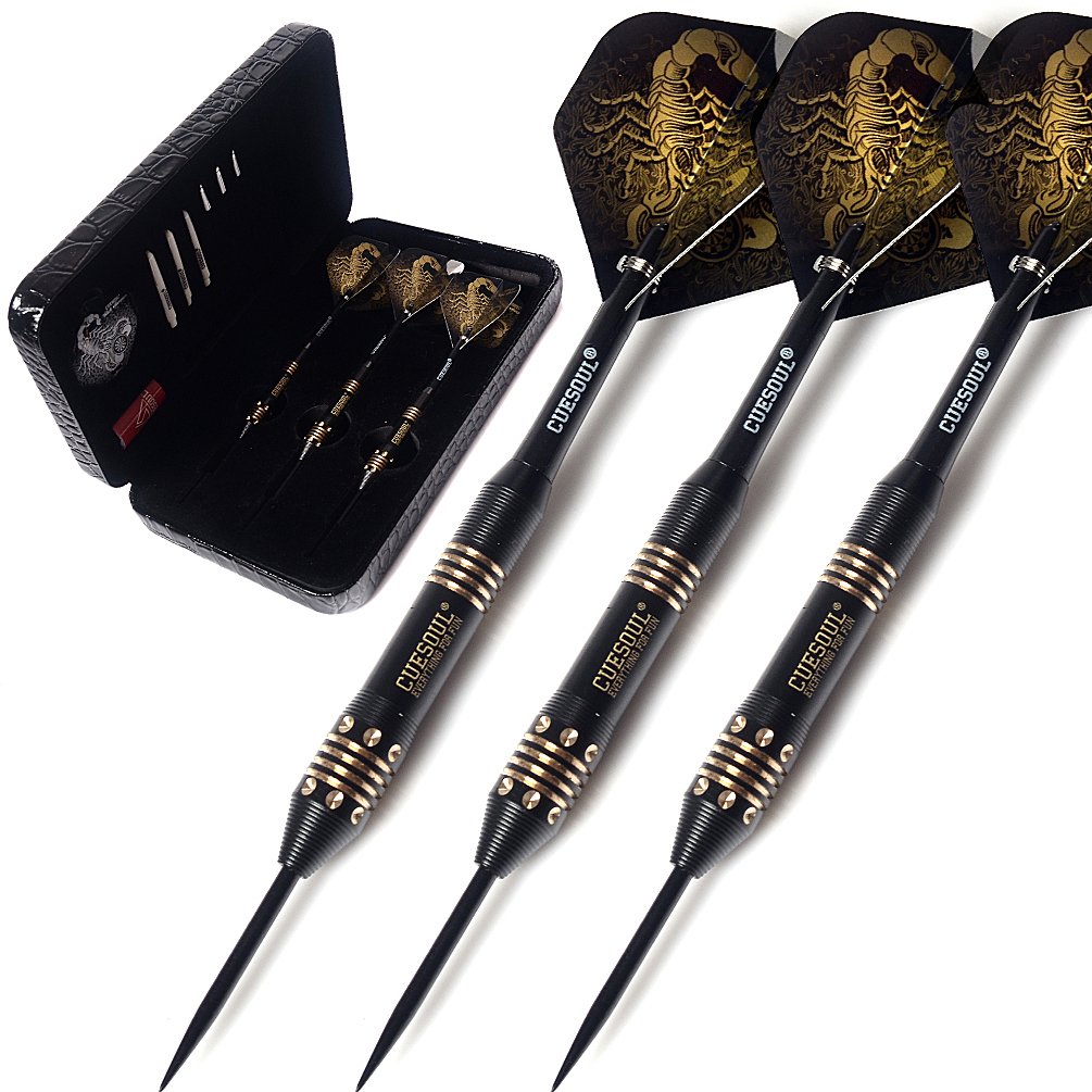 CUESOUL Black Scorpion Series 20g/22g/24g Professional Steel Tip Darts Set Brass Barrels Shockproof Deluxe PU Carry Case for Pub, Game Room & League Play(HX-SL-F3202L)