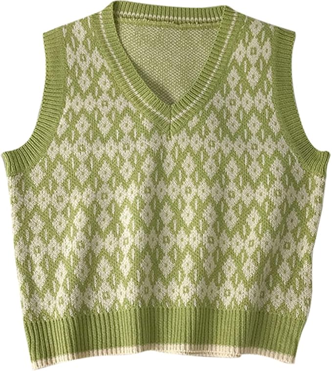 Amazon ニットベスト レディース Vネック 秋冬 可愛い 編み チェック柄 セーター チョッキ ゆったり フリーサイズ おしゃれ カジュアル 袖なし 通学 グリーン ベスト 通販