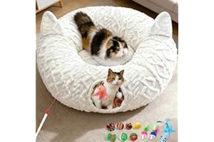 OurWarm Cat Tunnel Bed for Indoor Cats, Soft Plush Cat Donut Tunnel with 11 Pcs Interactive Toys & Washable Mat, Round Peekab