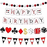 Weekgrat 4 Pcs Casino Night Theme Party Decorations Birthday Banner with Felt Pom Pom Ball Garland Casino Night Poker Decorations for Poker Party Supplies